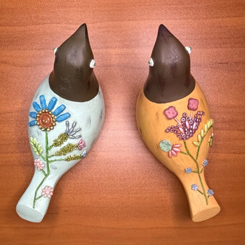 Decorative Resin Bird Figurines Set of 2 Floral Beadwork Folk Art Blue Yellow